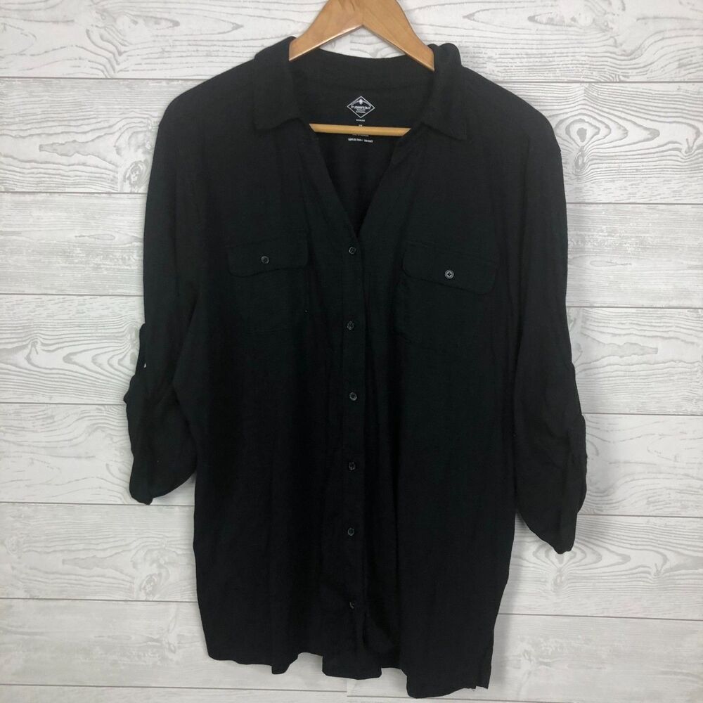 St Johns Bay Women's 1X Button Front Shirt Roll Tab Sleeves Front Pockets Black